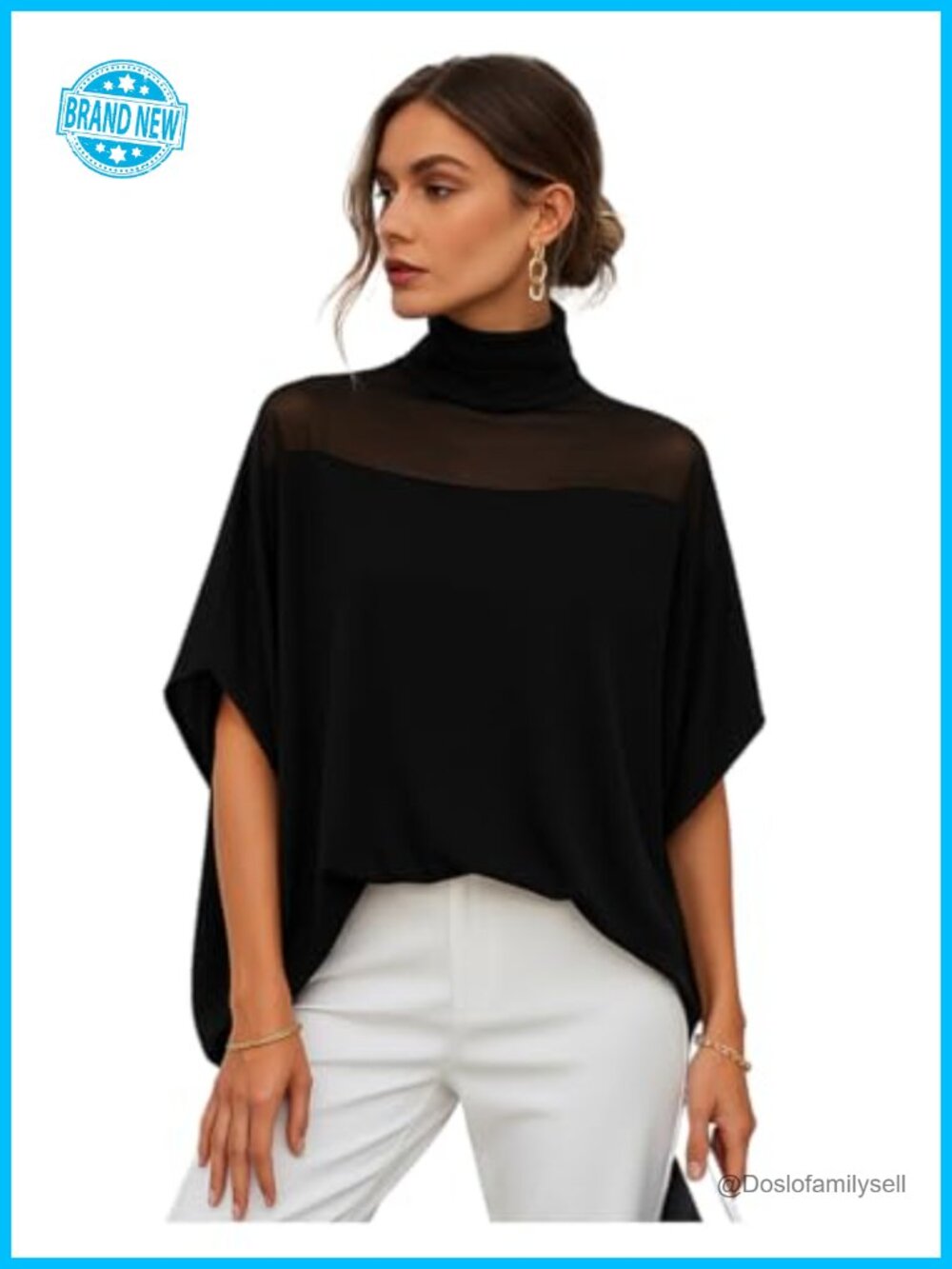 Women's Oversized Flowy Mesh Mock Neck Batwing Sleeve Blouse